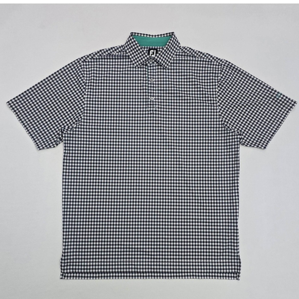 FootJoy Mens Vanderbilt Golf Polo Shirt Large Navy White Gingham Check Short Slv